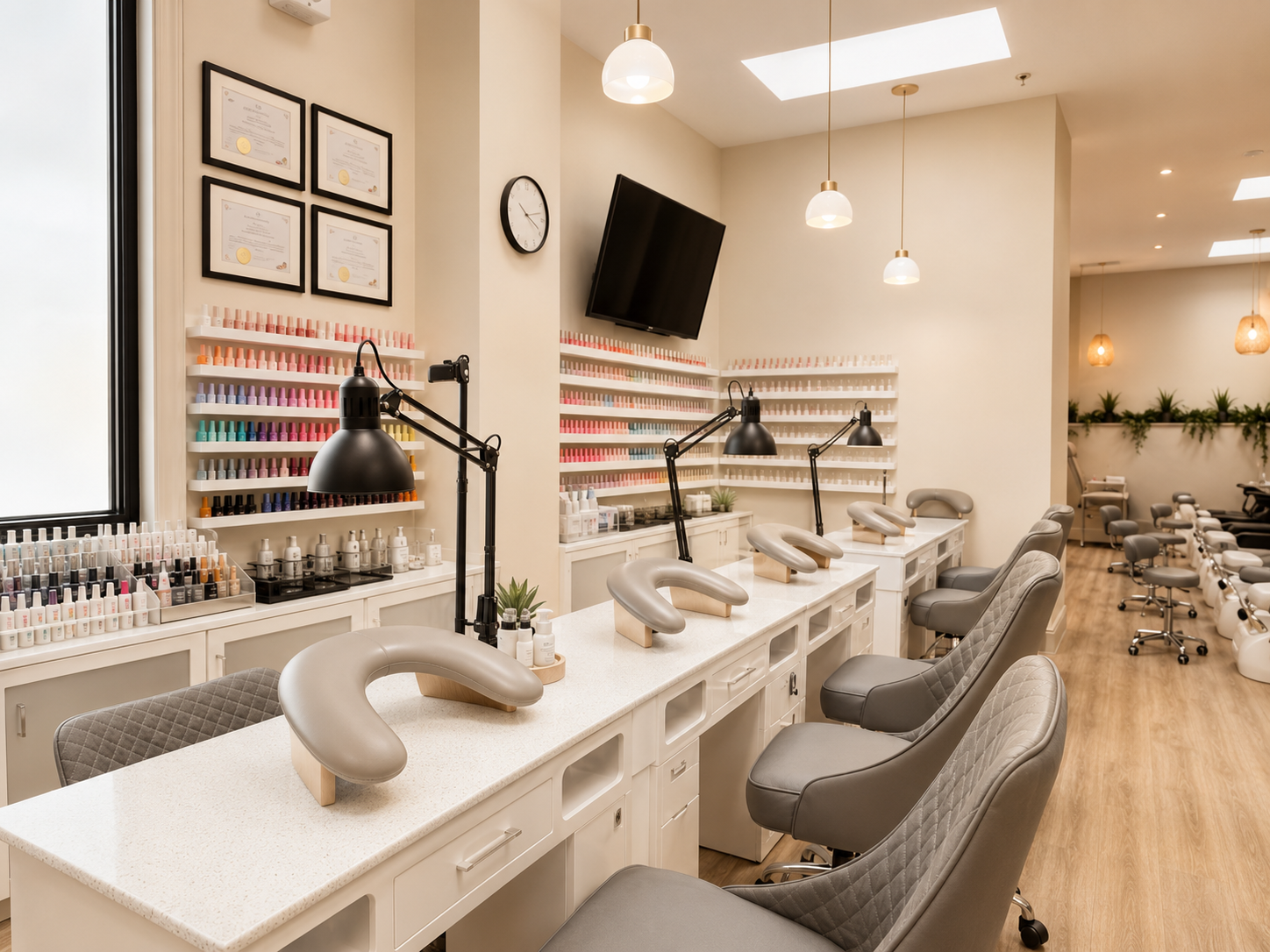 Kozy Nail Studio interior — manicure stations with nail polish color wall
